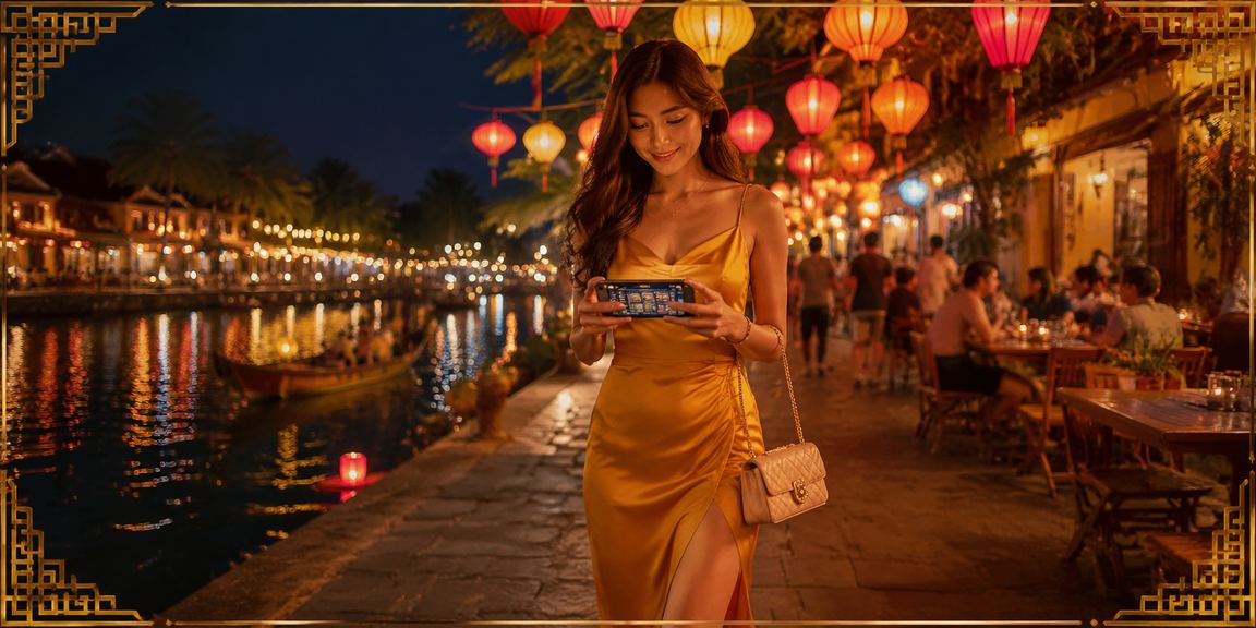 Người chơi tại Hội An thư giãn với ly cà phê trong khi truy cập nền tảng casino trực tuyến